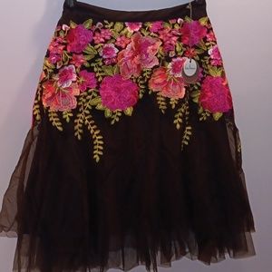 Anthropologie Eva Franco black tulle with pink floral skirt NWT